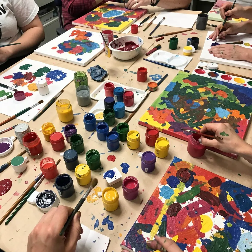 Creative workshop session with colorful art materials